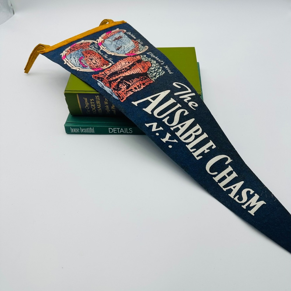 Vintage The Ausable Chasm NY Felt Souvenir Pennant Navy Blue Rainbow Falls